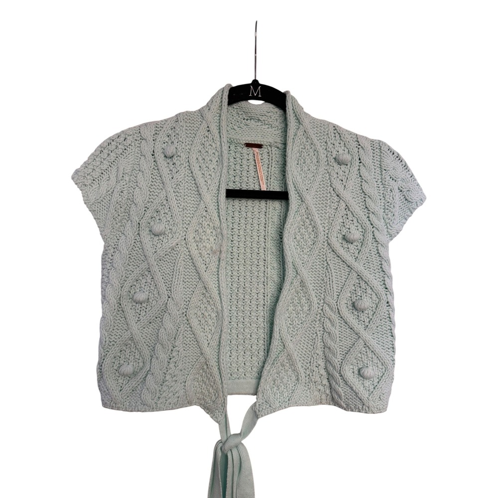 Free People Mint Green Cable Knit Pom Pom Tie Front Sweater Vest Small